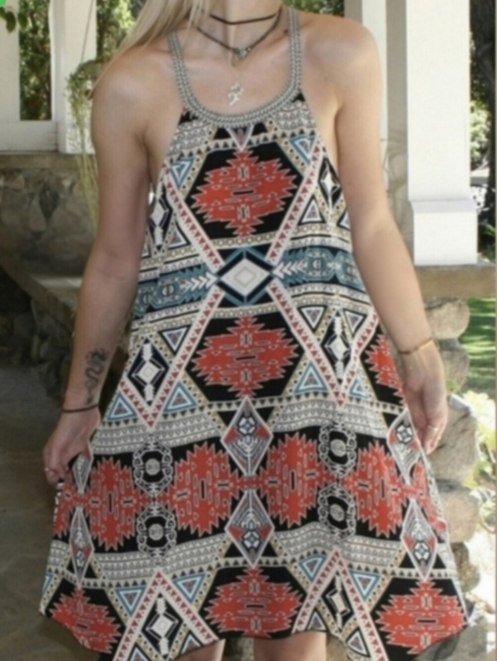 Trixxi Boho Geometric Southwestern Halter Shift T Back Braid Dress Size 7 Junior